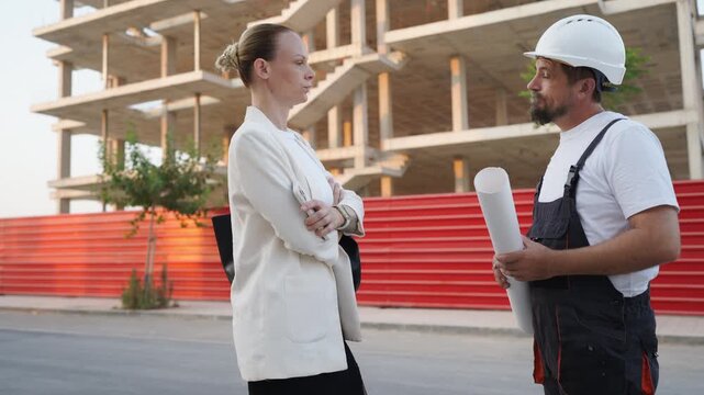 Female architect or investor discusses project details with a male foreman holding a blueprint, standing in front of an unfinished concrete building structure on a construction site