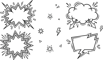 Comic Book Speech Bubble Set with Explosive Boom Elements Cloud Shapes Lightning Bolts and Blank Outline Frames for Pop Art Graphic Designs © Mst