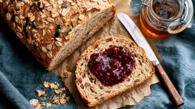 Close-up of freshly baked whole grain bread with seeds and oats topped with heart-shaped red berry jam slice next to glass jar and knife on blue cloth