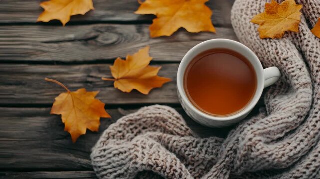 A warm fall setting featuring a cup of tea surrounded by leaves on a wooden surface. Perfect for autumn-themed content.