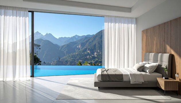 Sleek modern bedroom with pool and mountain backdrop.