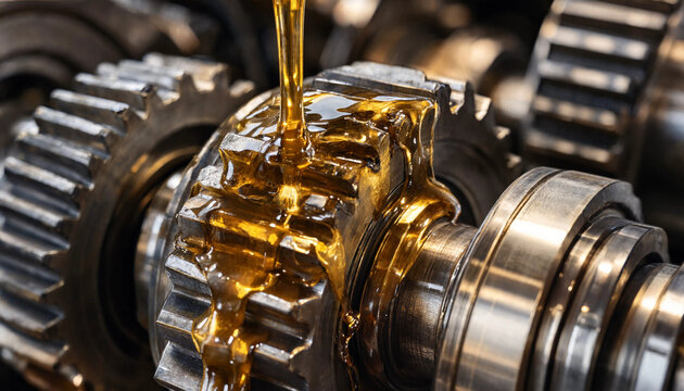 Engine gear lubrication oil pouring on metal cogwheel. Industrial transmission machine rotating with golden liquid maintenance. Automotive mechanism technology working in slow motion