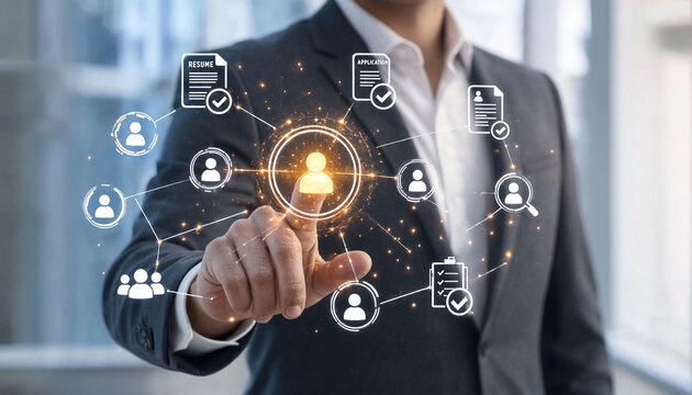 HR manager selecting virtual candidate profile for digital recruitment hiring. Smart AI technology system screening human talent. Future hr management data for professional job career.