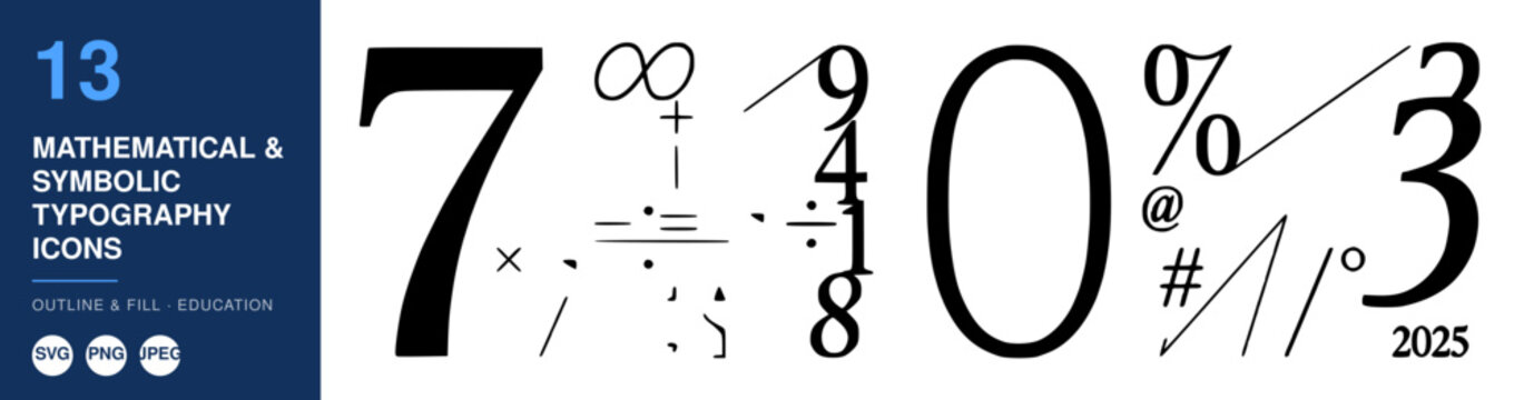 Mathematical Symbols Typography Icons Set with Numbers and Signs. Abstract Design Elements for Education and Science Concepts.