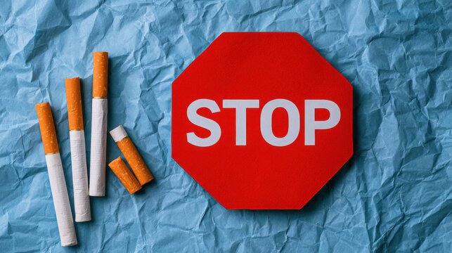 Red stop sign with white text placed beside broken cigarette on crumpled blue paper background representing smoking cessation and health warning concept