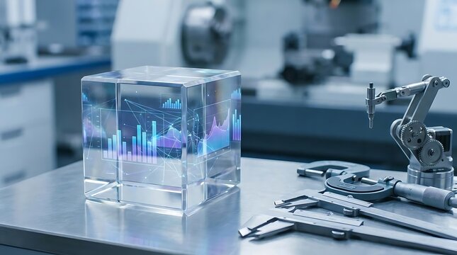 Holographic data cube on high-tech laboratory workbench display.