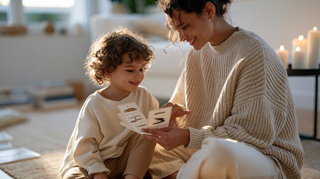 Speech therapist using articulation cards with a young child in a softly candlelit therapy room, child's perspective view from floor level looking up at therapist's face forming phoneme shapes, deve