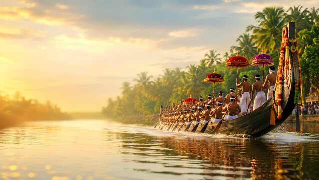 Traditional Kerala snake boat race Vallamkali on backwaters during Onam festival at golden hour sunset with copy space