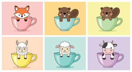 Naklejka premium Collection of six adorable baby animals including a fox beaver llama sheep and cow sitting inside colorful tea cups.