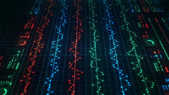 Financial AI Data Analytics Interface Dashboard Animation, Big Data Processing Visualization. Finance Statistical Charts, Infographic Flow Diagram, Business Intelligence Technology UI Background