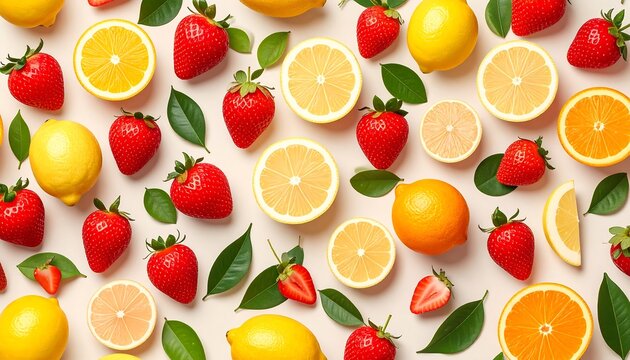 Colorful fresh citrus fruits and green leaves arrangement.