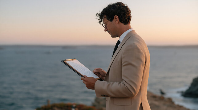 Wedding officiant stands at twilight on a coastal bluff reviewing vows script on clipboard, over the shoulder framing reveals ceremony outline notes, blue hour horizon behind, destination marriage c