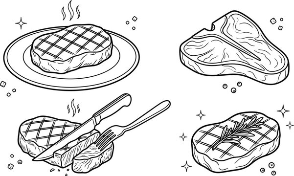 Grilled Beef Steak Vector Element Set Featuring T-Bone, Rosemary Garnished Filet, Sliced Meat with Knife and Fork, and Hot BBQ Dishes for Restaurant Menus