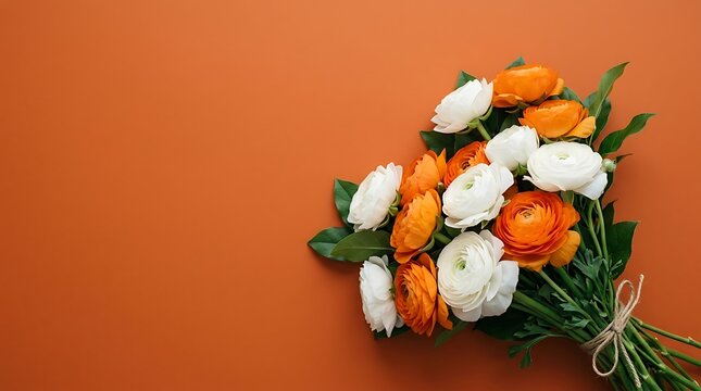 Elegant white and orange ranunculus flowers bouquet on orange background for spring card floral website banner header