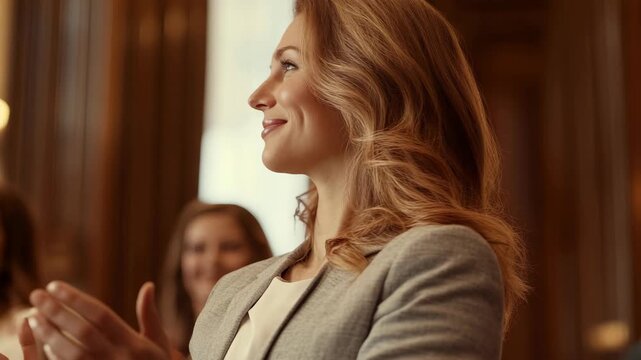 A woman in a business suit smiling and receiving applause from an audience at a public event or presentation.