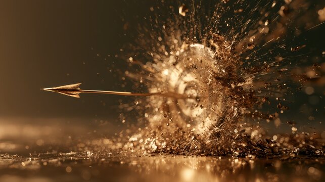 A golden arrow hits a target bullseye, causing a dramatic, sparkling explosion of particles on impact.
