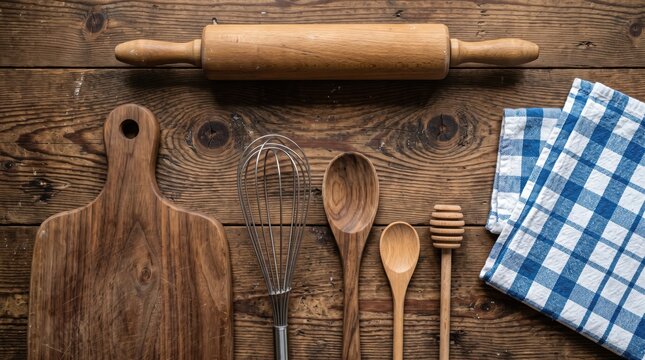 Rustic kitchen utensils arranged neatly on distressed wooden surface for culinary preparation with checkered towel textured wooden background