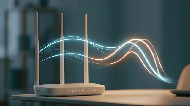 Modern wireless internet device with three antennas emitting dynamic light trails representing fast data connection and digital signals, symbolizing global communication and technology