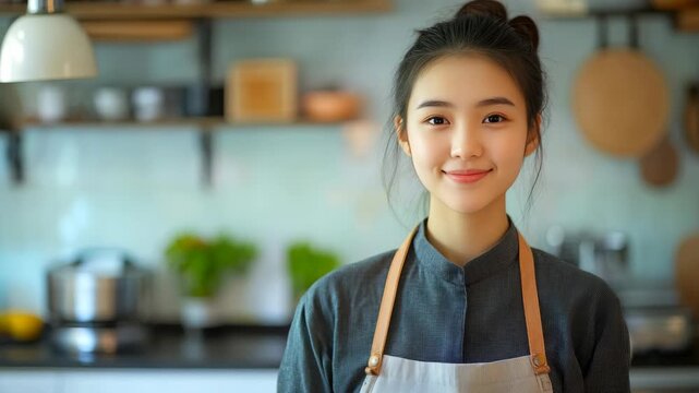 Smiling chef wearing apron and glasses stands behind a counter filled with kitchen tools.