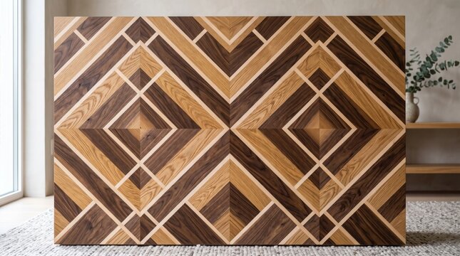 Geometric wooden parquet panel table top inlay brown wood grain pattern background interior table furniture design