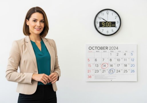 Woman holding clock showing five o'clock with October calendar