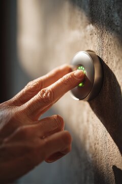 Woman hand pressing modern smart home button on wall. Finger touching circle device with glowing green light. Innovative technology for lighting control or security system activation.