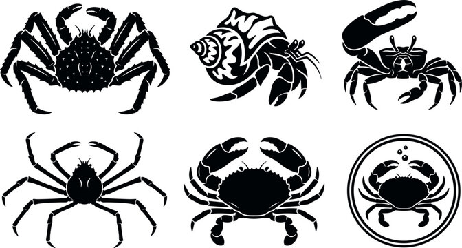 Black Crab Silhouette Icon Set with King Crab, Hermit Crab, Fiddler Crab, and Seafood Round Emblem Graphic Design Vectors for Restaurant Logos