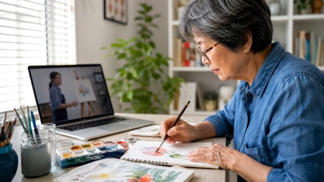 Senior woman painting at desk with laptop online art lesson home studio watercolour creative hobby remote learning glasses mature adult