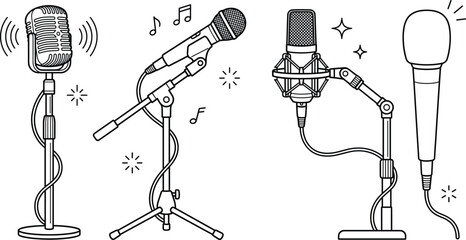 Microphone and Audio Equipment Vector Illustration Set with Vintage Retro Mic, Studio Condenser, Shock Mount, Boom Arm, and Handheld Mic Stand Outlines © Mst
