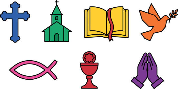 Christian Religion and Church Icon Set with Cross, Bible, Holy Grail, Praying Hands, Dove of Peace, and Ichthys Fish Symbols for Faith Designs