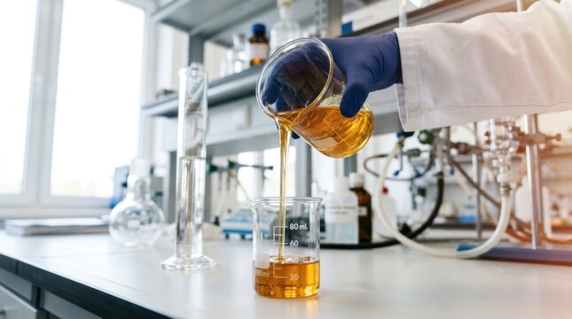 Professional scientist in blue gloves pouring viscous golden oil liquid from a glass beaker into another container inside a modern laboratory setting for chemical research and industrial testing now.