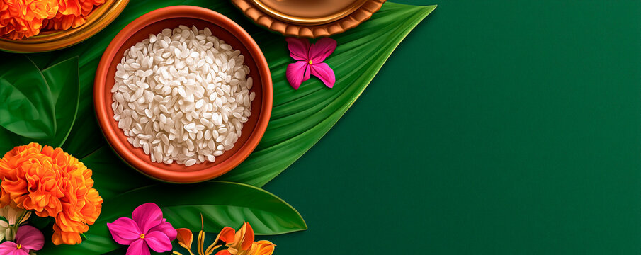 Indian festival dussehra , green leaf, rice and flowers 