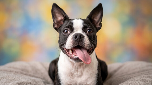 Funny dog face of Boston Terrier, ears raised and tongue out, sitting comfortably on gray cushion. Black and white Boston Terrier shows a funny dog face with playful demeanor and bright eyes.