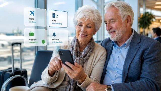 Elderly couple with technology in airport lounge, smiling senior pair checking travel app on smartphone before boarding