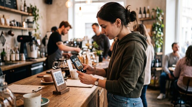 Woman scans QR code on phone at cafe counter with barista in background