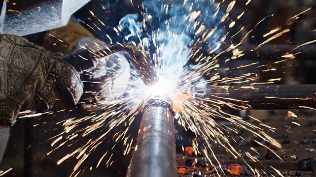Skilled technician wearing protective gloves welds metal pipe, creating sparks and bright light in a workshop with tools and equipment visible in the background