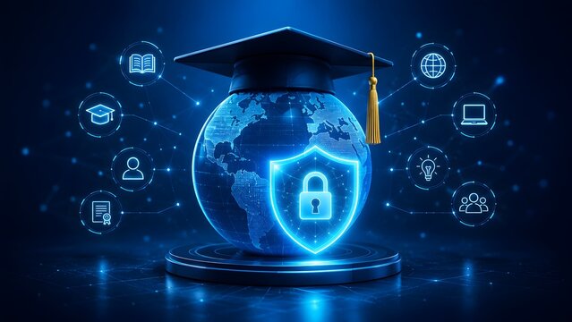 Global digital education security concept with graduation cap on illuminated earth globe and glowing padlock shield.
