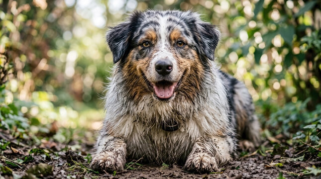 Muddy Australian Shepherd dog with dirty paws after joyful outdoor play. Muddy Australian Shepherd with happy face shows detailed fur texture and mud on paws.
