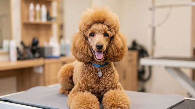 Brown poodle haircut displays funny creative styling, fluffy fur, playful expression, resting on a grooming table. Expert poodle haircut emphasizes precise shaping, meticulous clipping.