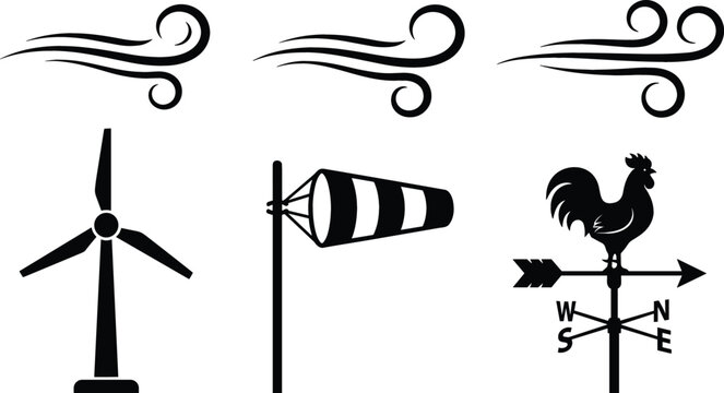 Wind Energy and Weather Forecasting Icon Set Featuring Wind Gust Symbols Turbine Generator Windsock Measurement and Rooster Weather Vane Vector Illustrations
