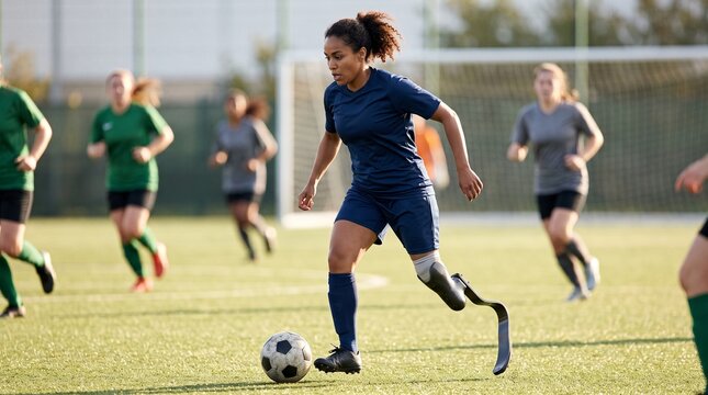 Female soccer player with prosthetic leg dribbling ball during match on field with teammates