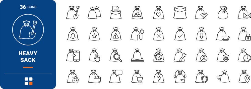 Sandbag Web Icon Set in Linear Style. Collection of Heavy Sack line icons, including check mark, security, settings, location, user, download, twin bags and more.
