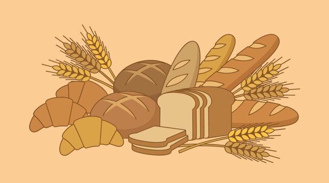 A collection of various fresh baked bread products and wheat ears illustration.