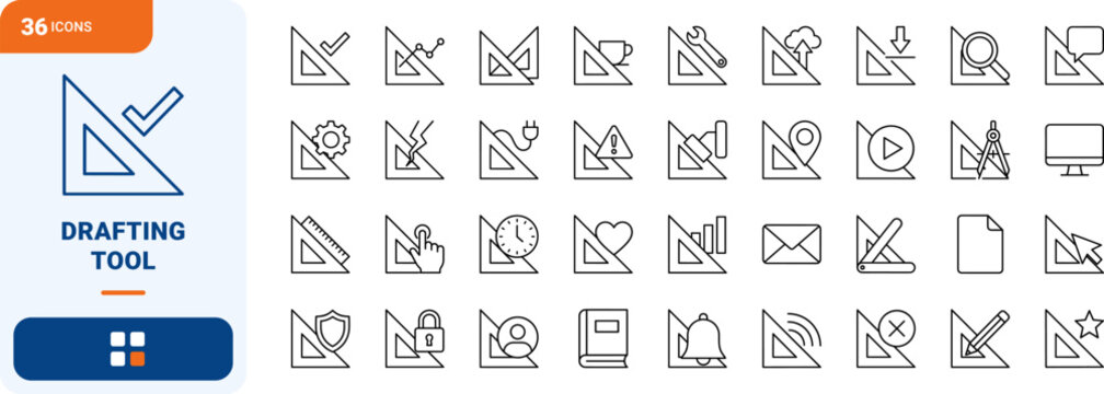 Set Square Web Icon Set in Linear Style. Collection of Drafting Tool line icons, including check mark, settings, security, repair, download, broken tool, drafting, measure and more.