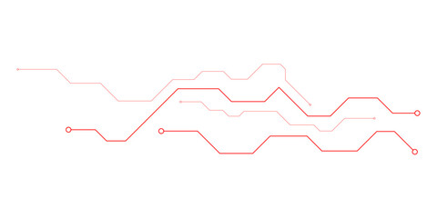 Obraz premium Futuristic circuit board lines in red gradient, abstract technology motherboard pattern vector, digital electronic connection paths for high-tech hardware and software engineering design