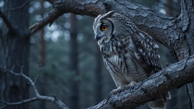 Close-up of a great horned owl with striking orange eyes perched on a tree branch in a dark forest at dusk