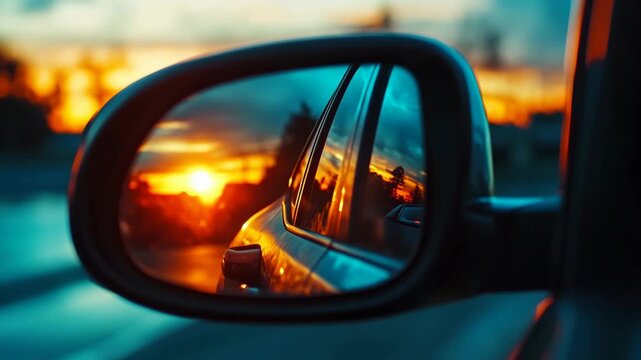 Sunset reflects in car mirror, capturing warm golden glow. Vehicle side mirror shows distant trees, soft hues of dusk. Silhouetted landscape glows behind car, tranquil and serene
