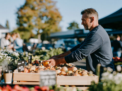 Man Selecting Fresh Organic Vegetables at Outdoor Farmers Market Stall