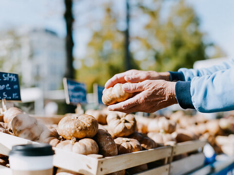 Hand Picking Up Fresh Pastry at Outdoor Bakery Market Stall in Daylight