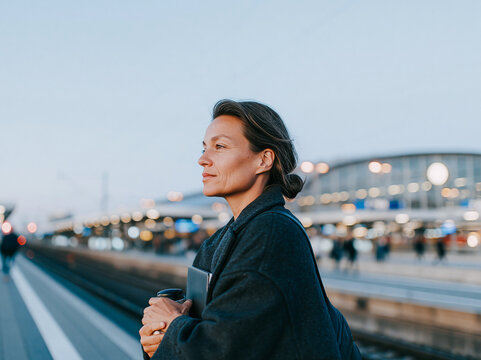 Young business Woman Standing at Train Station Platform in Blue Coat at Dusk